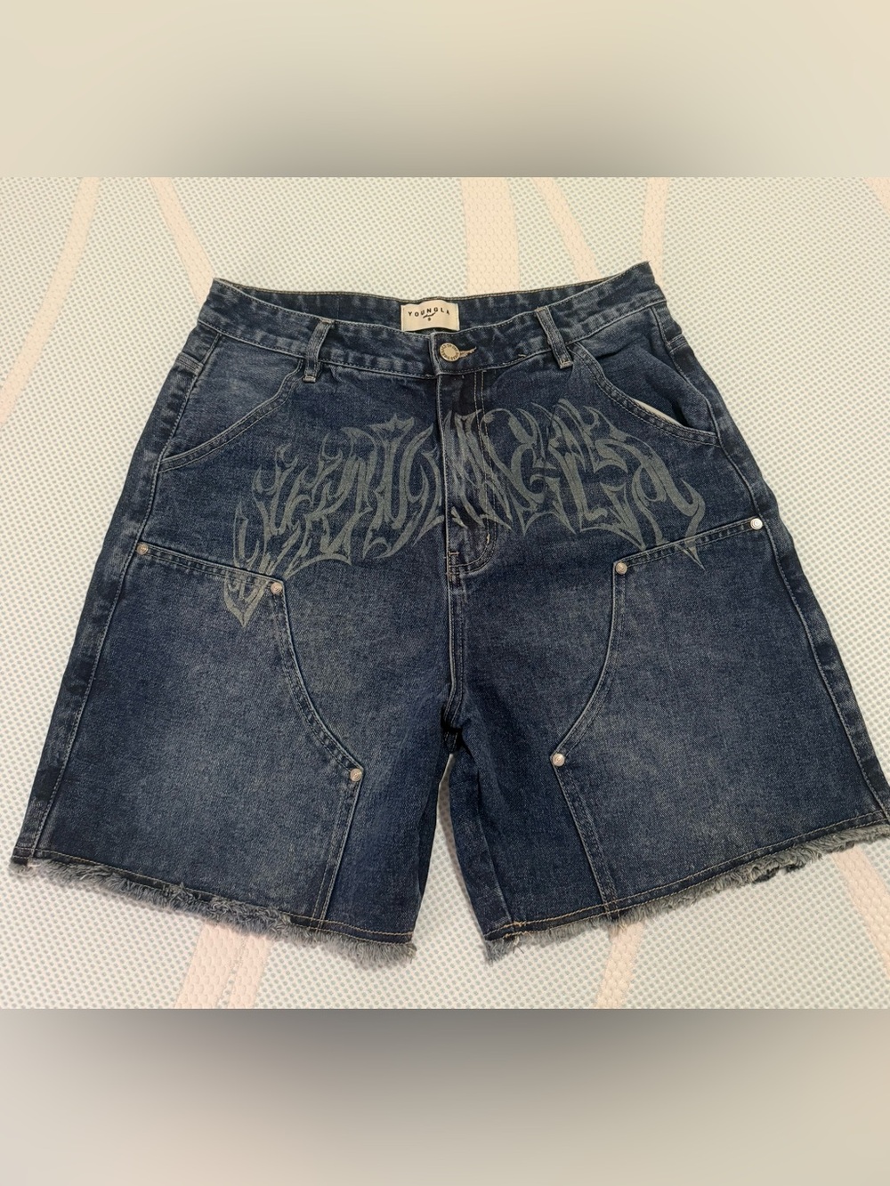 YoungLA Dark Indigo Denim Cargo Shorts with Graphic Print